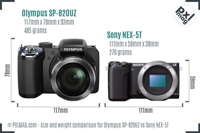 Olympus SP-820UZ vs Sony NEX-5T size comparison