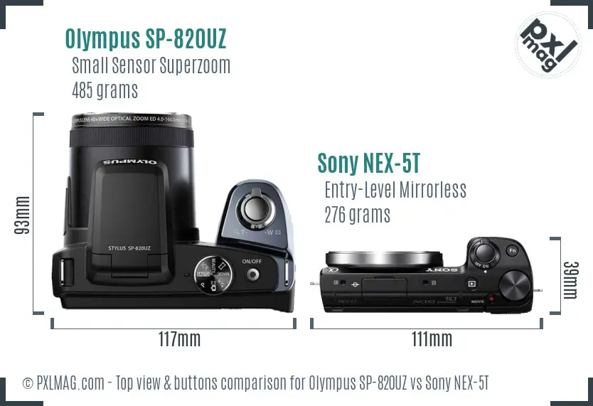 Olympus SP-820UZ vs Sony NEX-5T top view buttons comparison