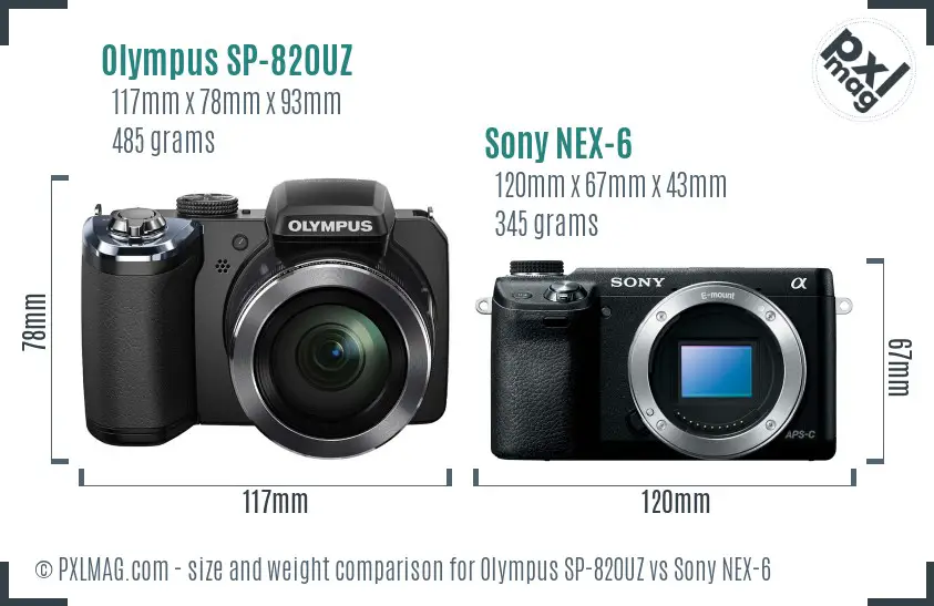 Olympus SP-820UZ vs Sony NEX-6 size comparison