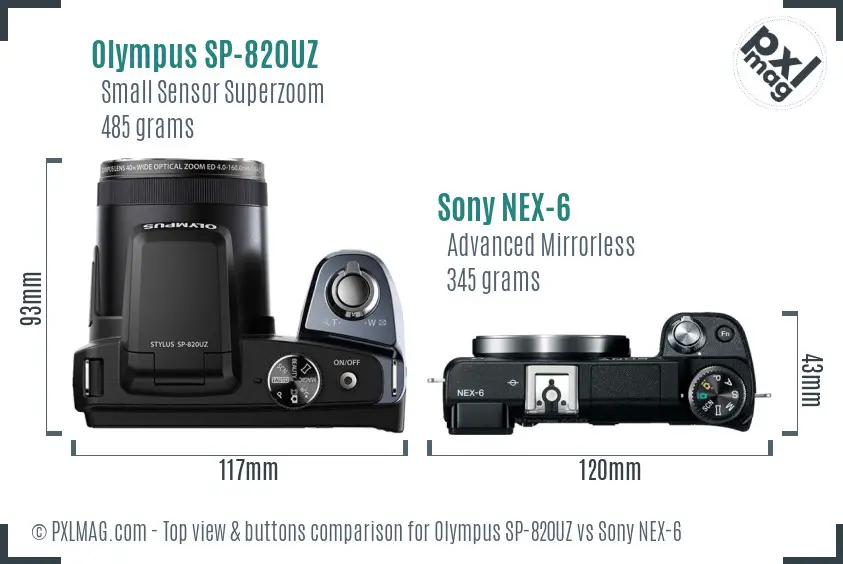 Olympus SP-820UZ vs Sony NEX-6 top view buttons comparison