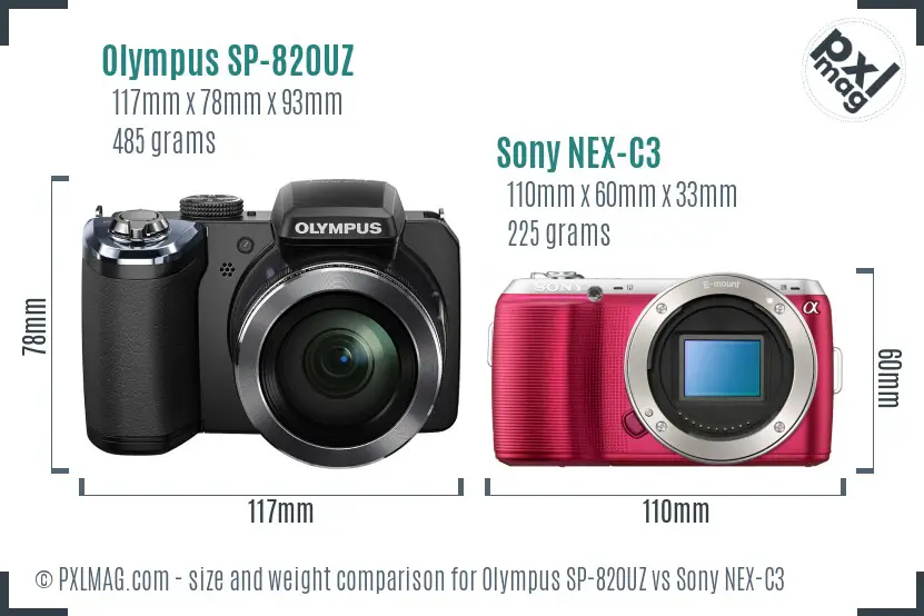 Olympus SP-820UZ vs Sony NEX-C3 size comparison Olympus SP-820UZ vs Sony NEX-C3 size comparison