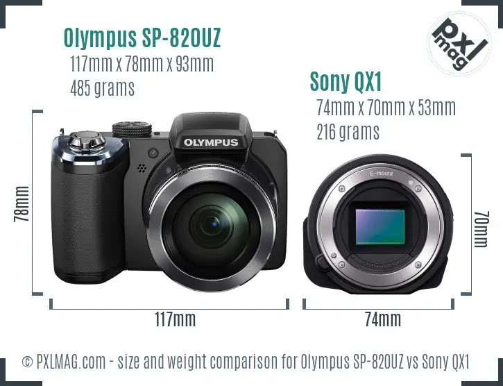 Olympus SP-820UZ vs Sony QX1 size comparison