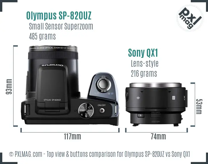 Olympus SP-820UZ vs Sony QX1 top view buttons comparison