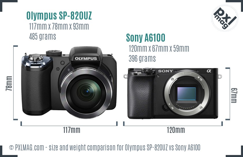 Olympus SP-820UZ vs Sony A6100 size comparison