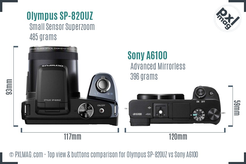 Olympus SP-820UZ vs Sony A6100 top view buttons comparison