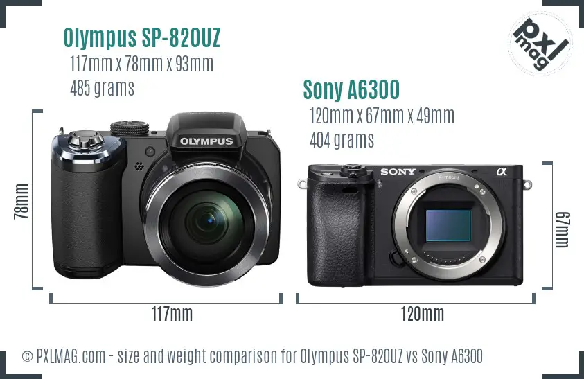 Olympus SP-820UZ vs Sony A6300 size comparison