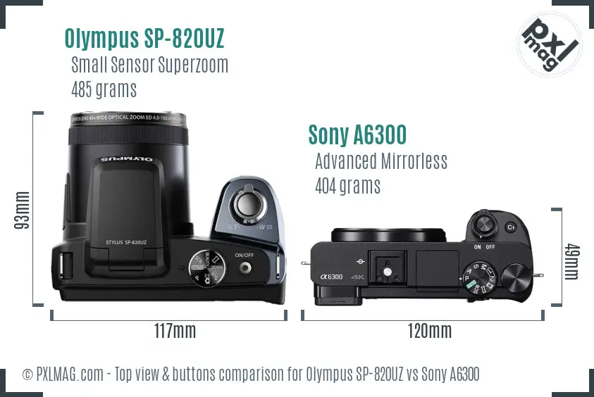 Olympus SP-820UZ vs Sony A6300 top view buttons comparison