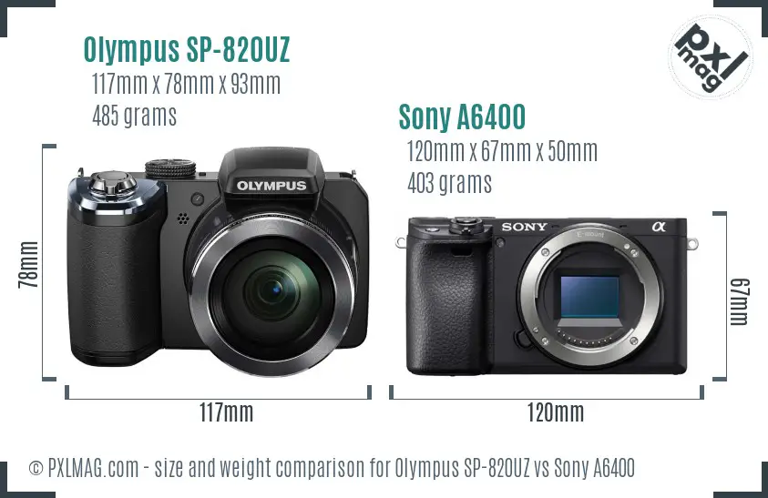 Olympus SP-820UZ vs Sony A6400 size comparison