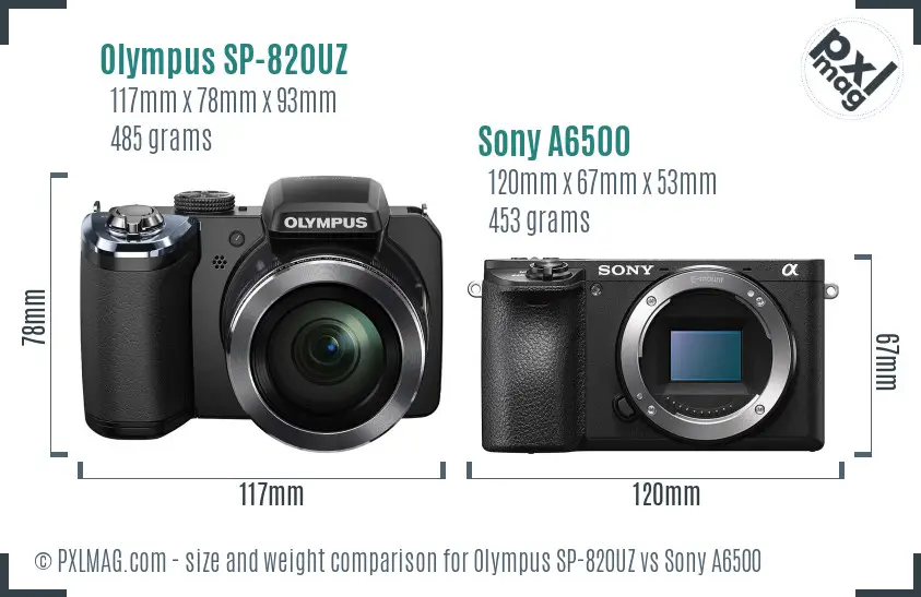 Olympus SP-820UZ vs Sony A6500 size comparison