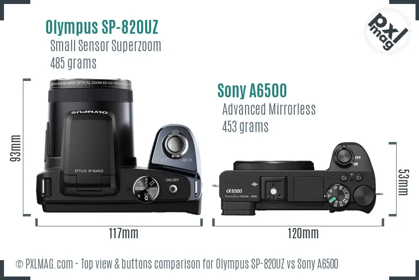 Olympus SP-820UZ vs Sony A6500 top view buttons comparison