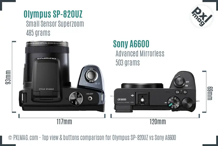 Olympus SP-820UZ vs Sony A6600 top view buttons comparison