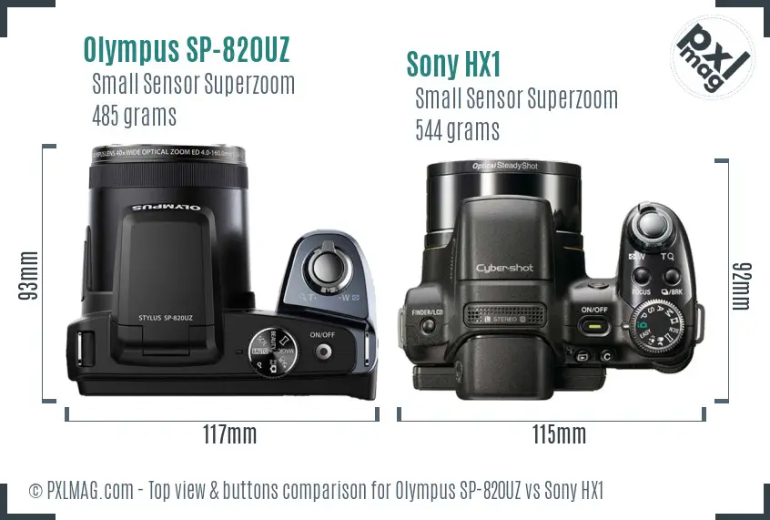 Olympus SP-820UZ vs Sony HX1 top view buttons comparison