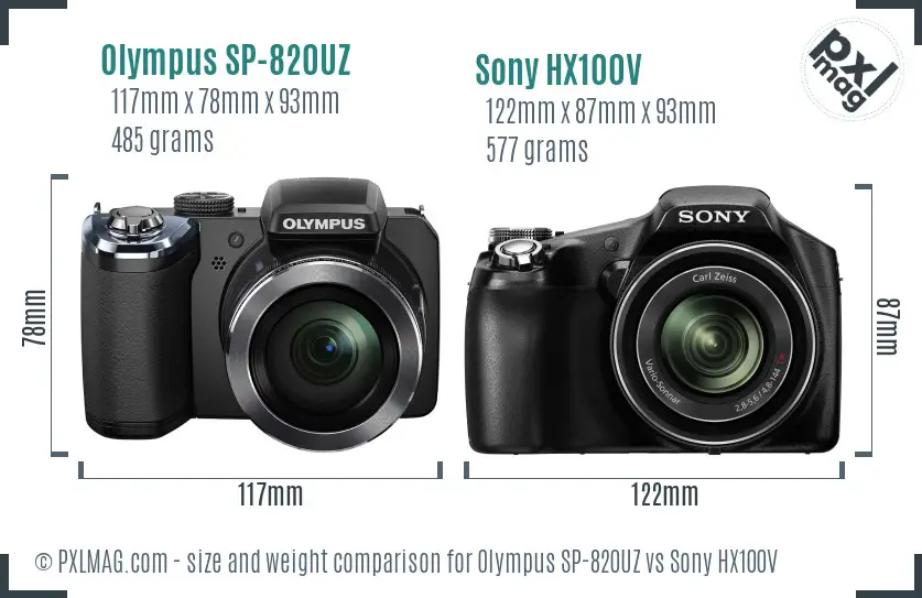 Olympus SP-820UZ vs Sony HX100V size comparison