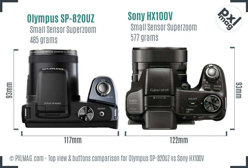 Olympus SP-820UZ vs Sony HX100V top view buttons comparison