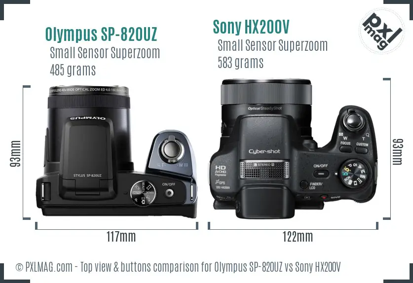 Olympus SP-820UZ vs Sony HX200V top view buttons comparison