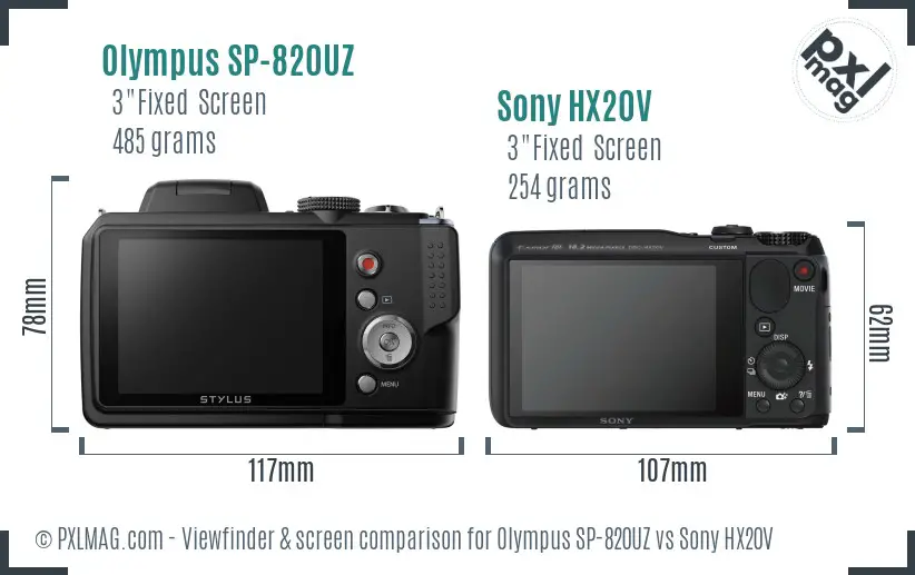Olympus SP-820UZ vs Sony HX20V Screen and Viewfinder comparison