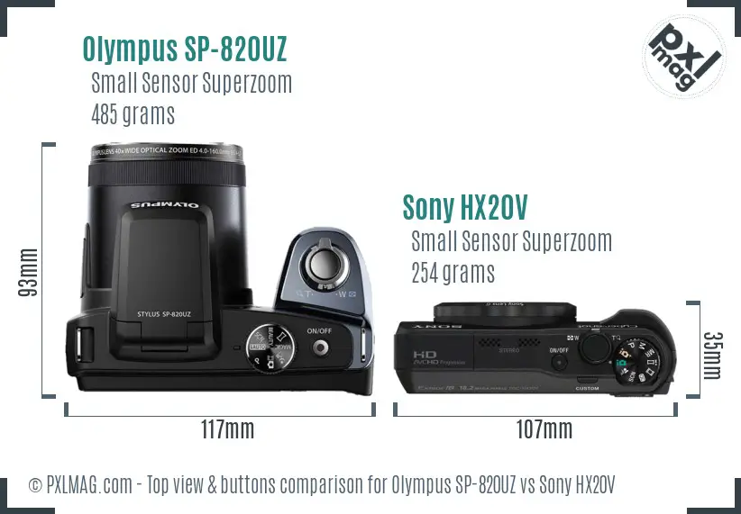 Olympus SP-820UZ vs Sony HX20V top view buttons comparison