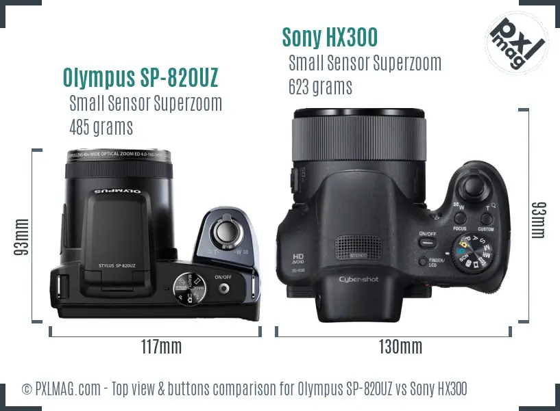 Olympus SP-820UZ vs Sony HX300 top view buttons comparison