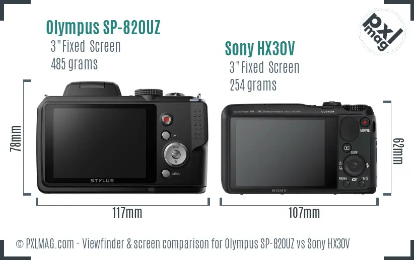 Olympus SP-820UZ vs Sony HX30V Screen and Viewfinder comparison