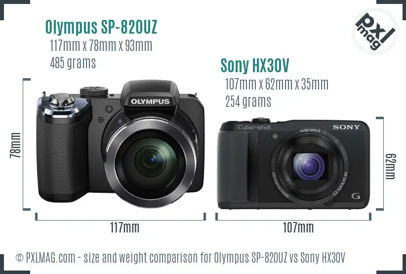 Olympus SP-820UZ vs Sony HX30V size comparison