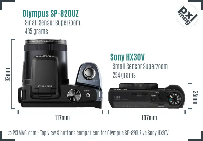 Olympus SP-820UZ vs Sony HX30V top view buttons comparison