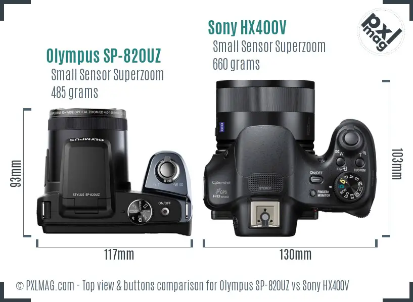 Olympus SP-820UZ vs Sony HX400V top view buttons comparison