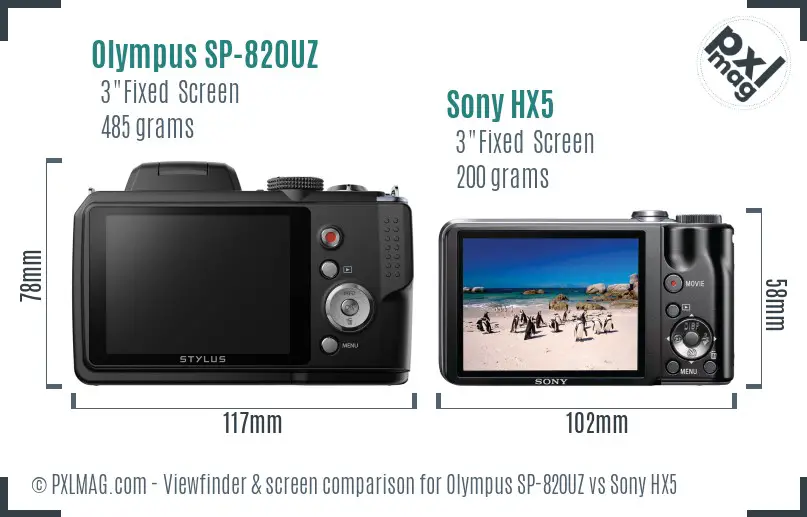 Olympus SP-820UZ vs Sony HX5 Screen and Viewfinder comparison