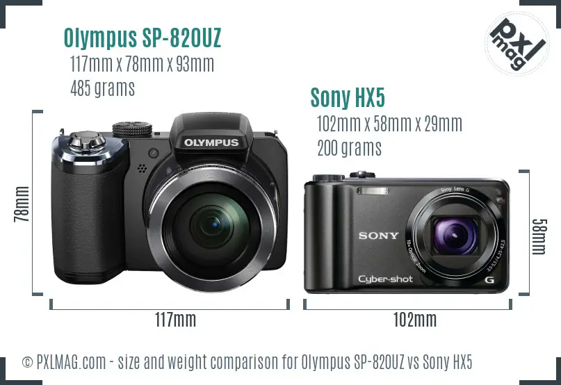 Olympus SP-820UZ vs Sony HX5 size comparison