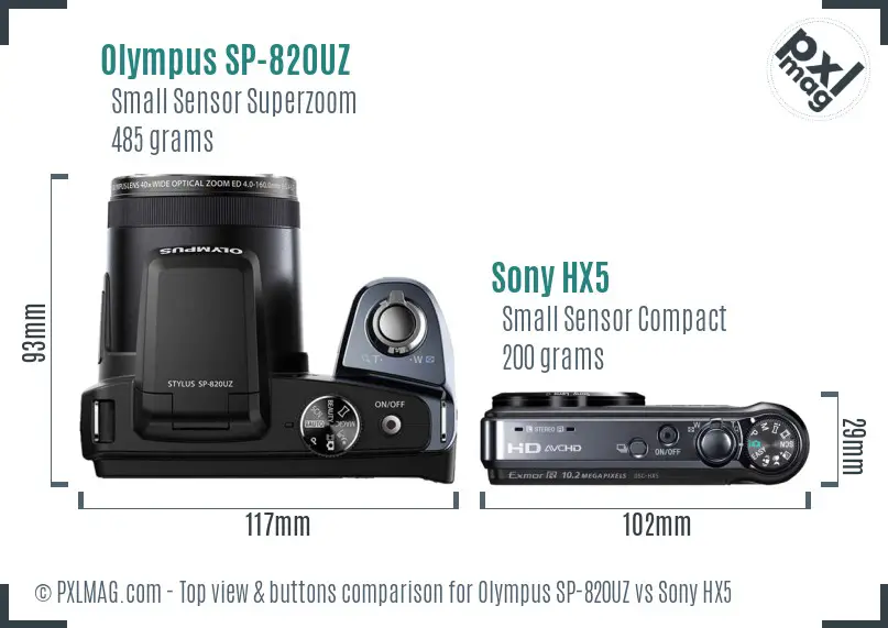Olympus SP-820UZ vs Sony HX5 top view buttons comparison