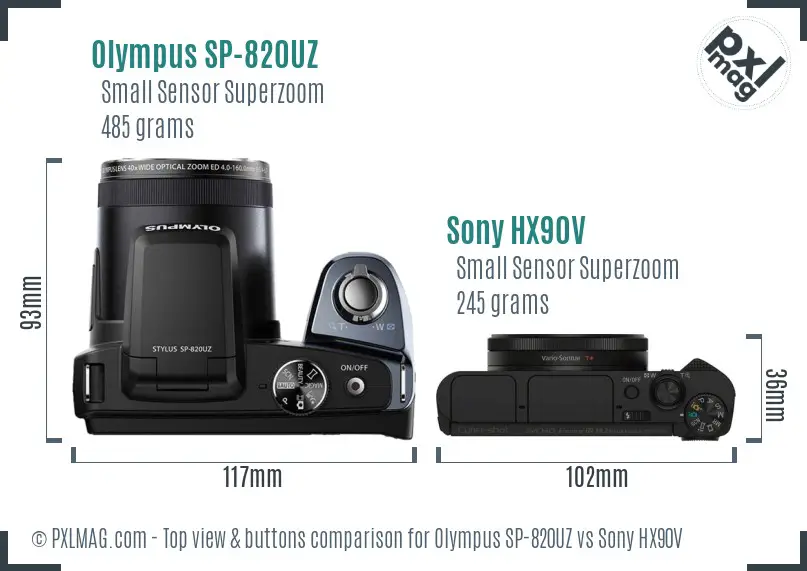 Olympus SP-820UZ vs Sony HX90V top view buttons comparison
