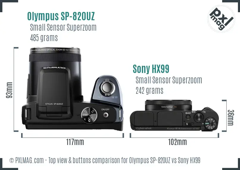 Olympus SP-820UZ vs Sony HX99 top view buttons comparison