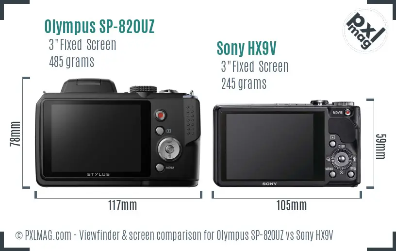 Olympus SP-820UZ vs Sony HX9V Screen and Viewfinder comparison