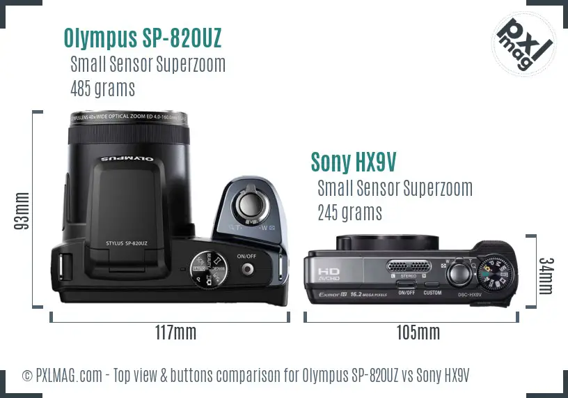 Olympus SP-820UZ vs Sony HX9V top view buttons comparison