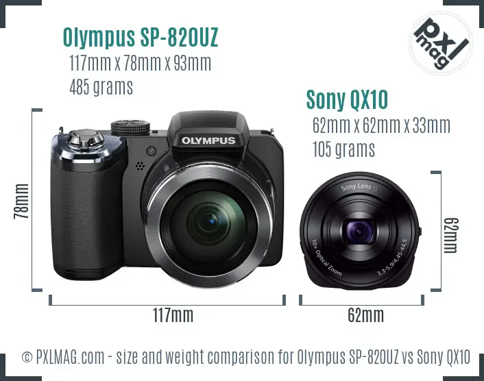 Olympus SP-820UZ vs Sony QX10 size comparison