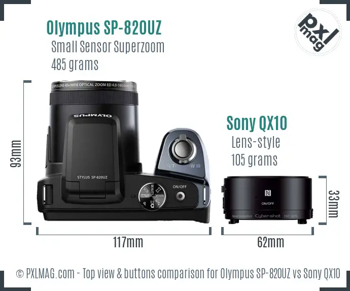 Olympus SP-820UZ vs Sony QX10 top view buttons comparison