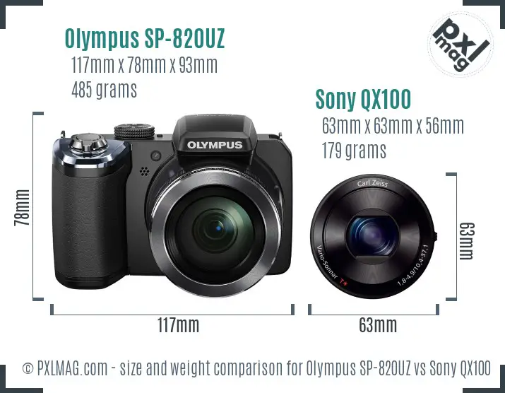 Olympus SP-820UZ vs Sony QX100 size comparison
