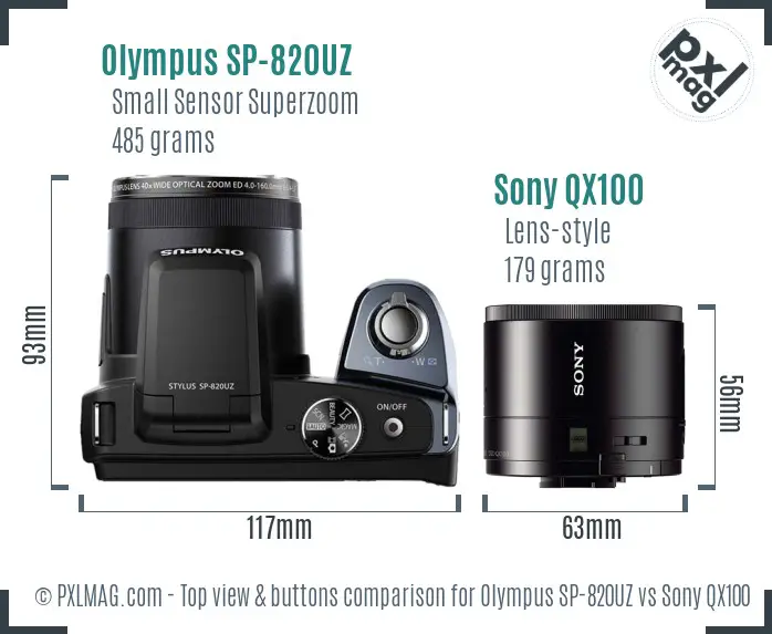 Olympus SP-820UZ vs Sony QX100 top view buttons comparison
