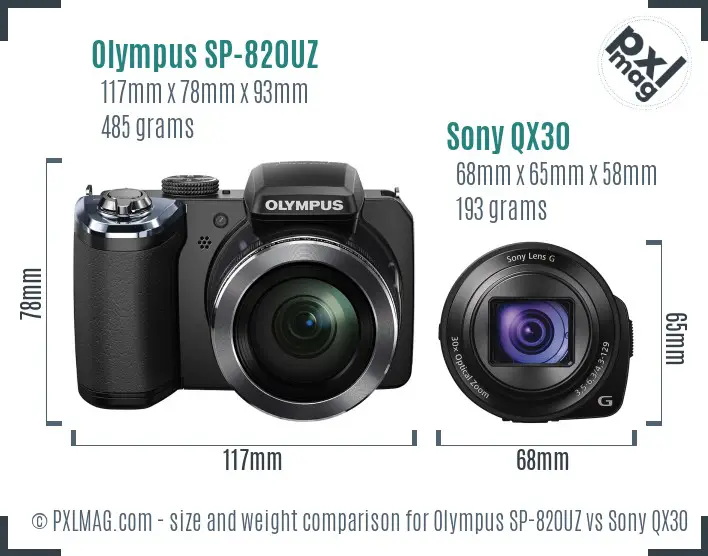 Olympus SP-820UZ vs Sony QX30 size comparison