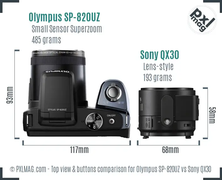 Olympus SP-820UZ vs Sony QX30 top view buttons comparison