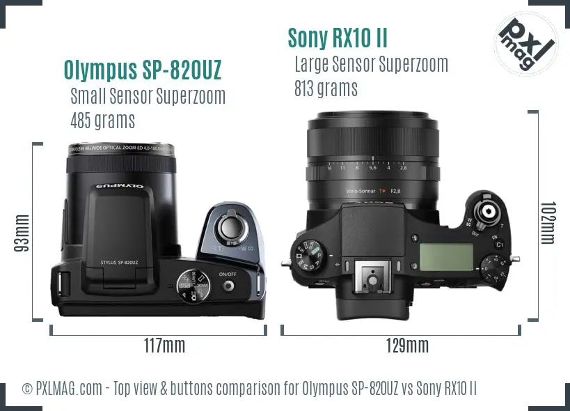 Olympus SP-820UZ vs Sony RX10 II top view buttons comparison