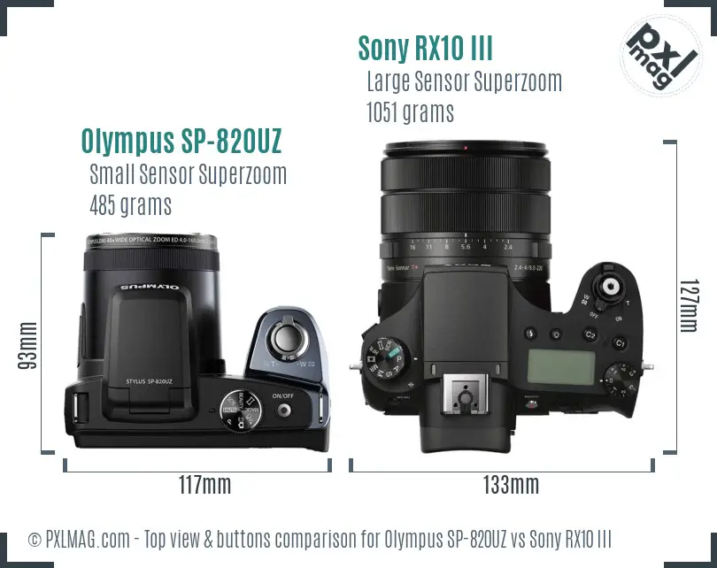 Olympus SP-820UZ vs Sony RX10 III top view buttons comparison