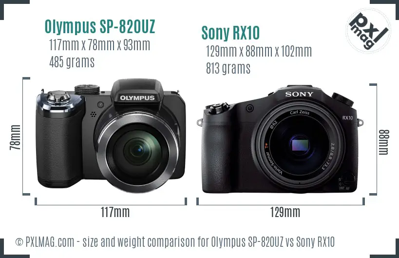 Olympus SP-820UZ vs Sony RX10 size comparison
