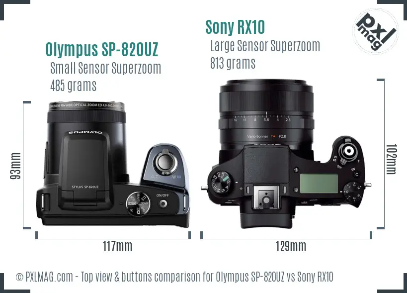 Olympus SP-820UZ vs Sony RX10 top view buttons comparison