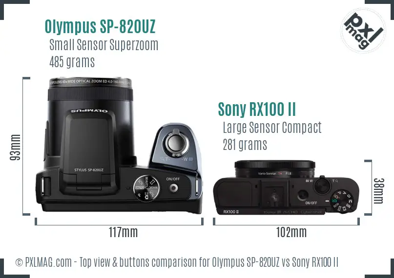 Olympus SP-820UZ vs Sony RX100 II top view buttons comparison