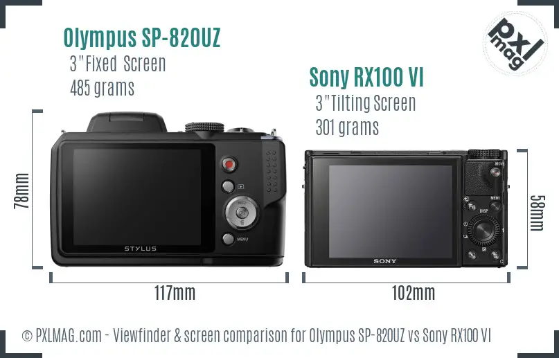 Olympus SP-820UZ vs Sony RX100 VI Screen and Viewfinder comparison