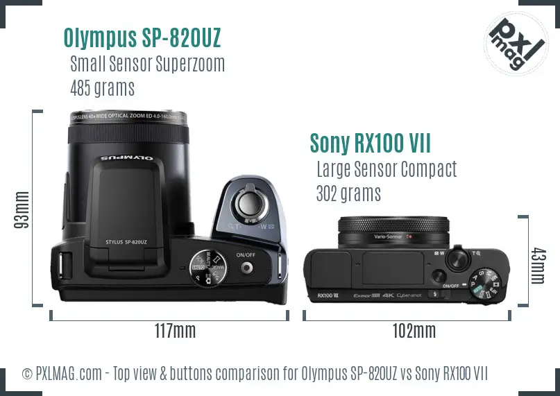 Olympus SP-820UZ vs Sony RX100 VII top view buttons comparison