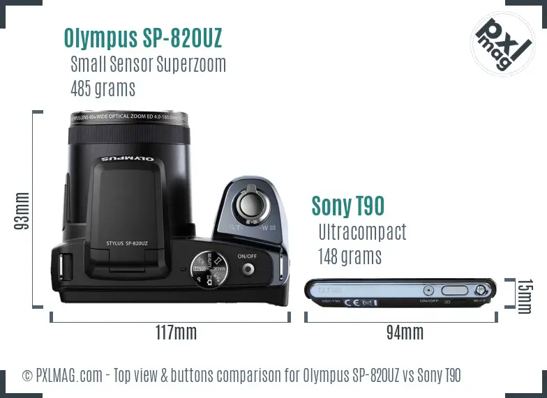 Olympus SP-820UZ vs Sony T90 top view buttons comparison