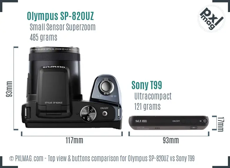 Olympus SP-820UZ vs Sony T99 top view buttons comparison
