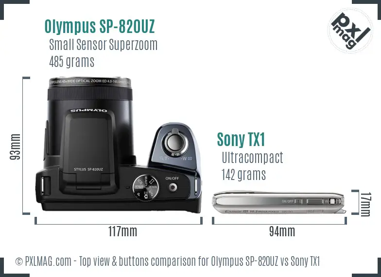 Olympus SP-820UZ vs Sony TX1 top view buttons comparison Olympus SP-820UZ vs Sony TX1 top view buttons comparison