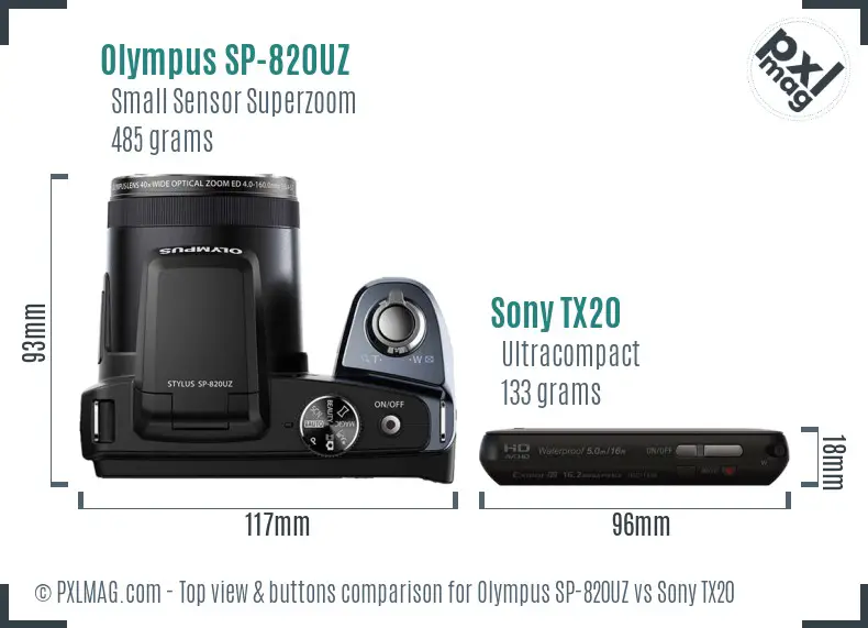 Olympus SP-820UZ vs Sony TX20 top view buttons comparison